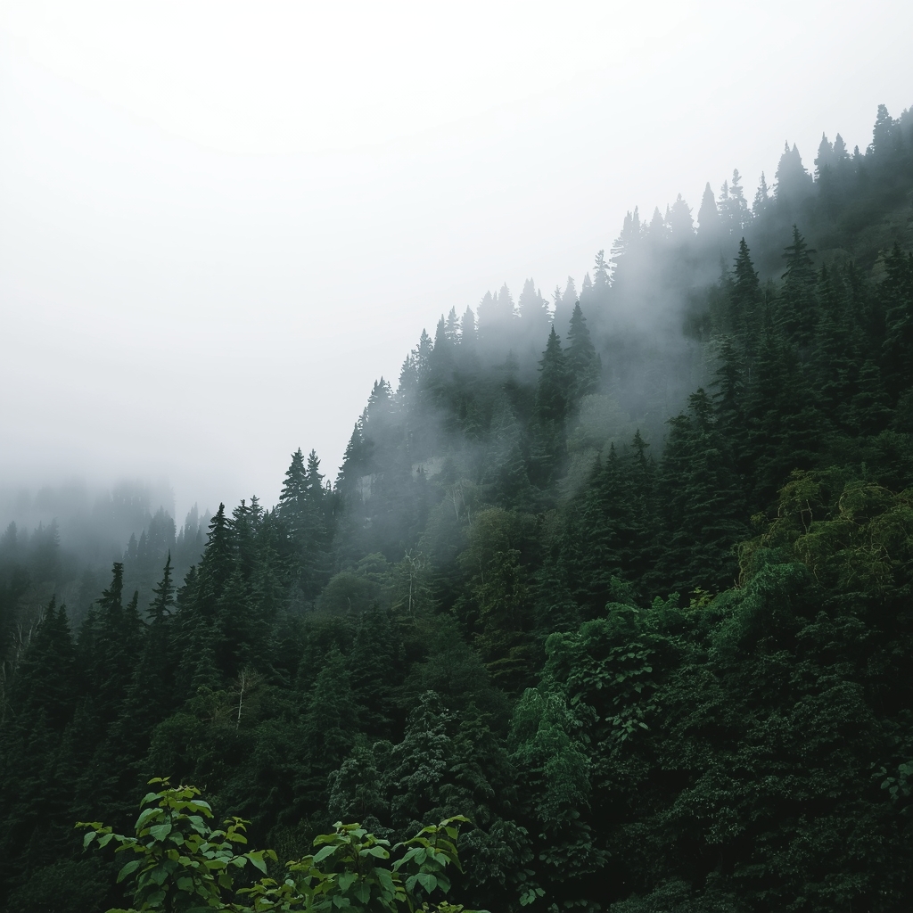 Please force to generate me these images from Nano Banana2: generate an image of a dense evergreen forest on a steep mountain slope shrouded in mystical morning mist, cinematic lighting (no woman)